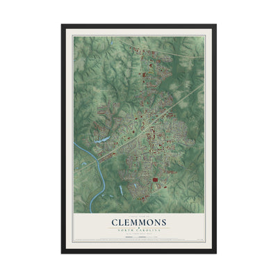 Map of Clemmons, North Carolina, 12 x 18 inch print in a black wood frame