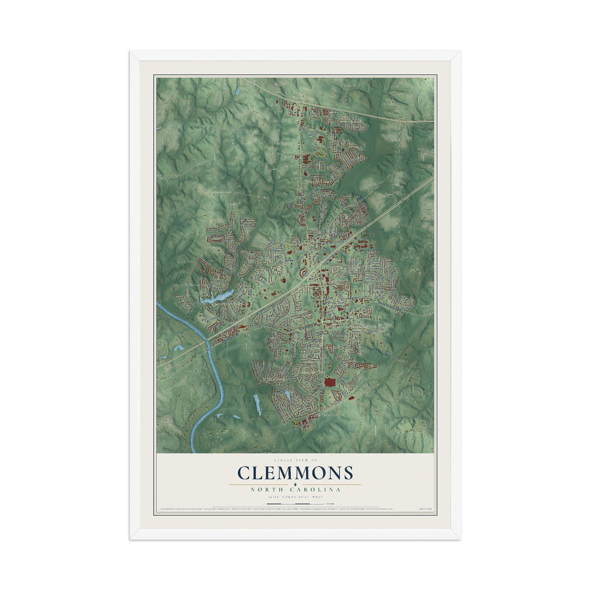 Map of Clemmons, North Carolina, 12 x 18 inch print in a white wood frame