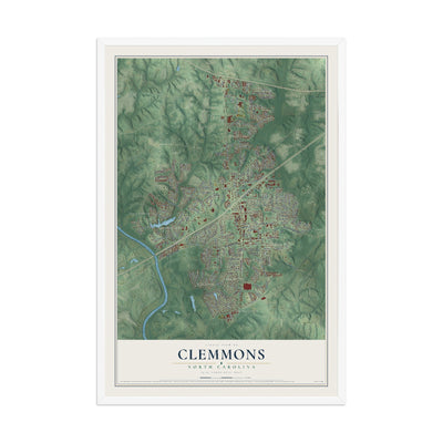 Map of Clemmons, North Carolina, 12 x 18 inch print in a white wood frame