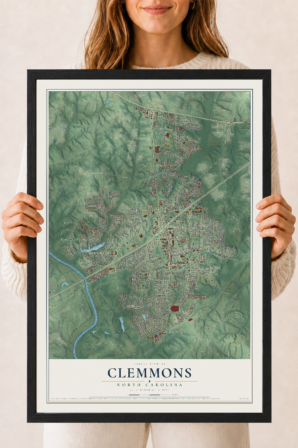 Map of Clemmons, North Carolina, 18 x 24 inch print in a black wood frame