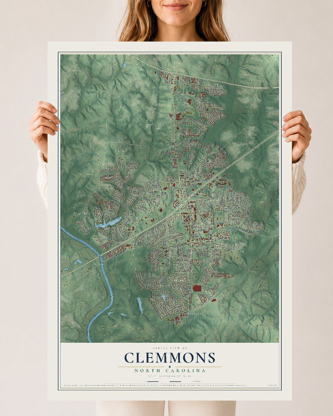 Map of Clemmons, North Carolina, 24 x 36 inch unframed archival matte print