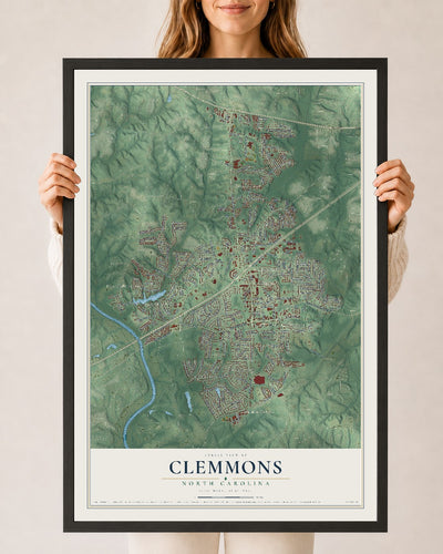 Map of Clemmons, North Carolina, 24 x 36 inch print in a black wood frame