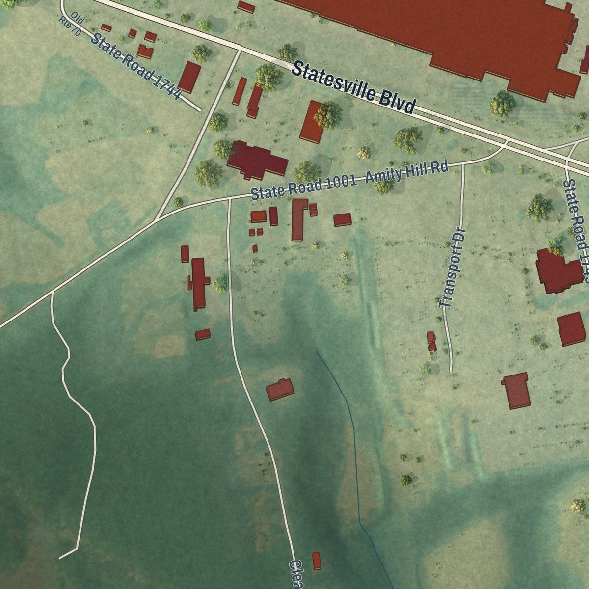 Second close-up of the map of Cleveland, North Carolina print showing more streets and buildings