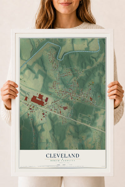 Map of Cleveland, North Carolina, 18 x 24 inch print in a white wood frame