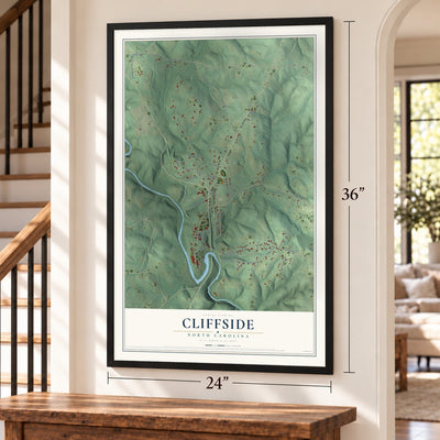 Cliffside, North Carolina map, 24 x 36 inch print in a black frame by a staircase