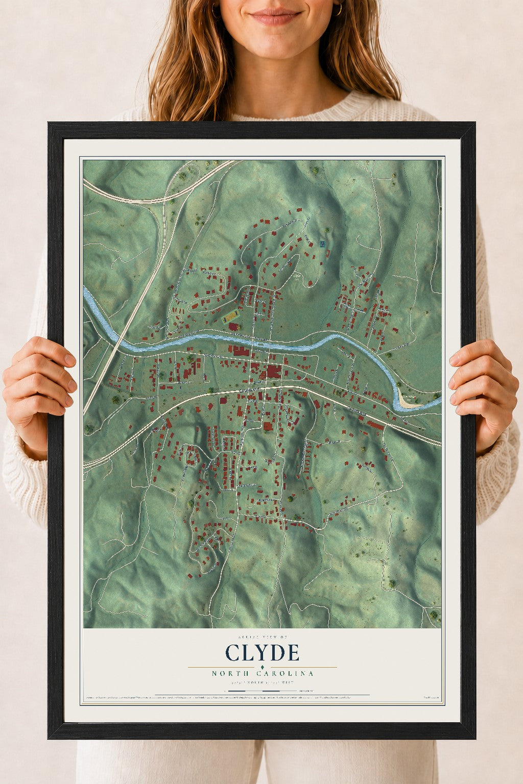 Map of Clyde, North Carolina, 18 x 24 inch print in a black wood frame