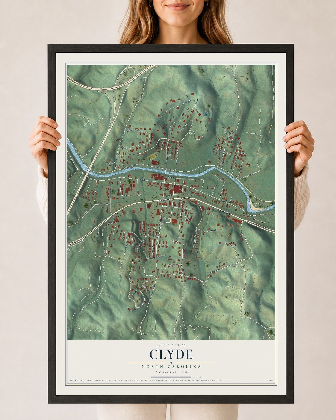 Map of Clyde, North Carolina, 24 x 36 inch print in a black wood frame