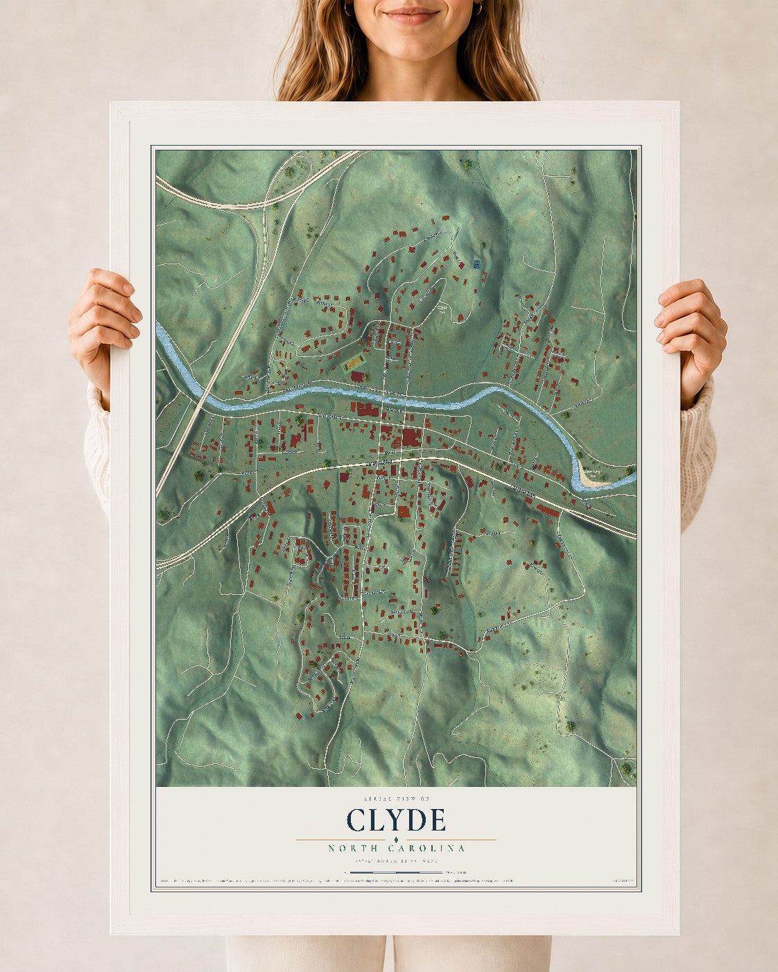 Map of Clyde, North Carolina, 24 x 36 inch print in a white wood frame