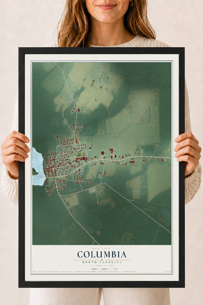Map of Columbia, North Carolina, 18 x 24 inch print in a black wood frame