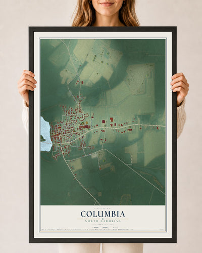 Map of Columbia, North Carolina, 24 x 36 inch print in a black wood frame