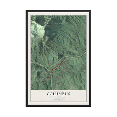 Map of Columbus, North Carolina, 12 x 18 inch print in a black wood frame