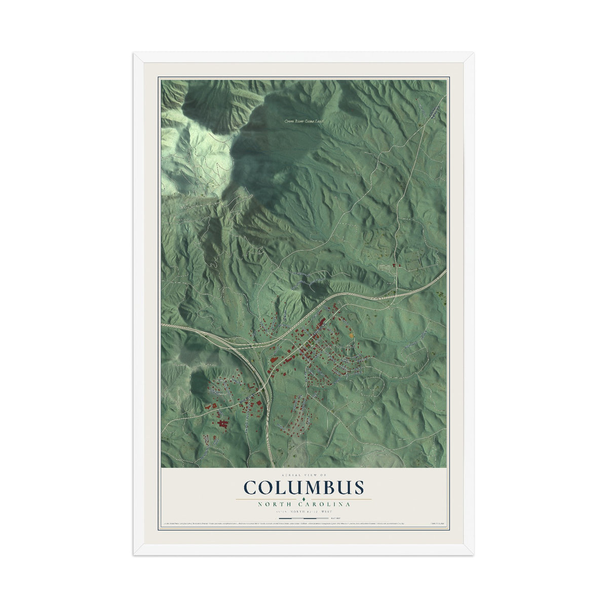 Map of Columbus, North Carolina, 12 x 18 inch print in a white wood frame