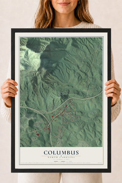 Map of Columbus, North Carolina, 18 x 24 inch print in a black wood frame