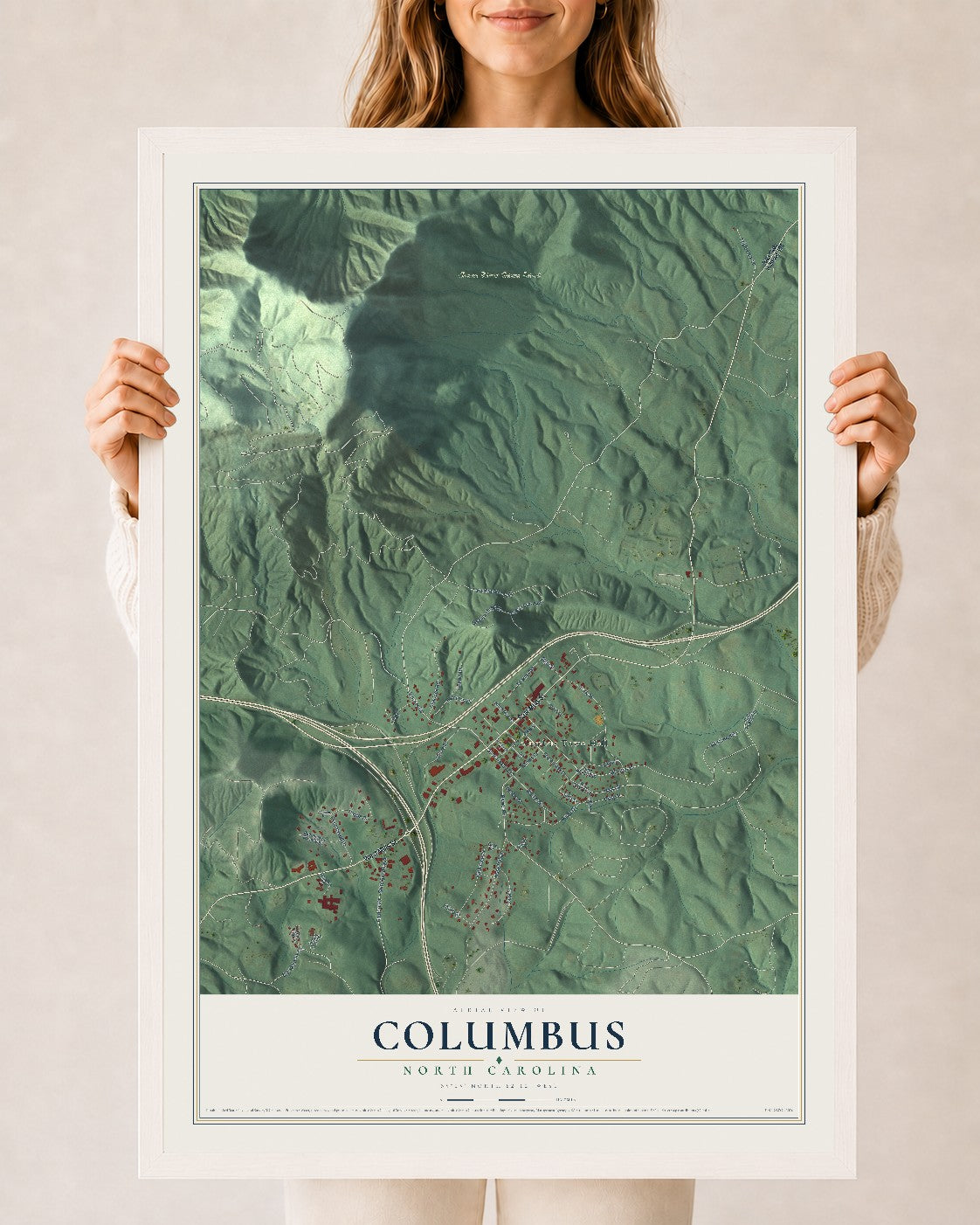 Map of Columbus, North Carolina, 24 x 36 inch print in a white wood frame