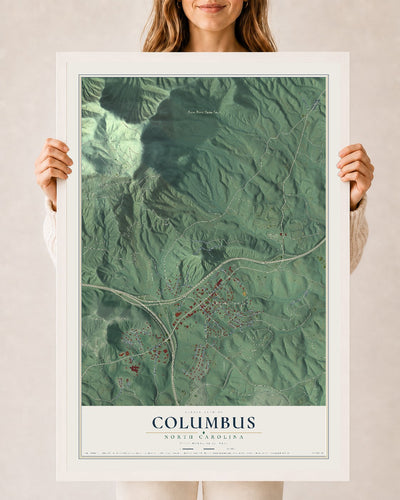 Map of Columbus, North Carolina, 24 x 36 inch print in a white wood frame