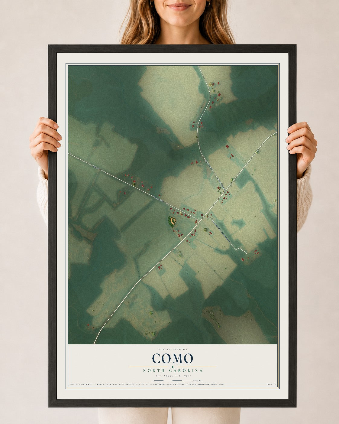 Map of Como, North Carolina, 24 x 36 inch print in a black wood frame