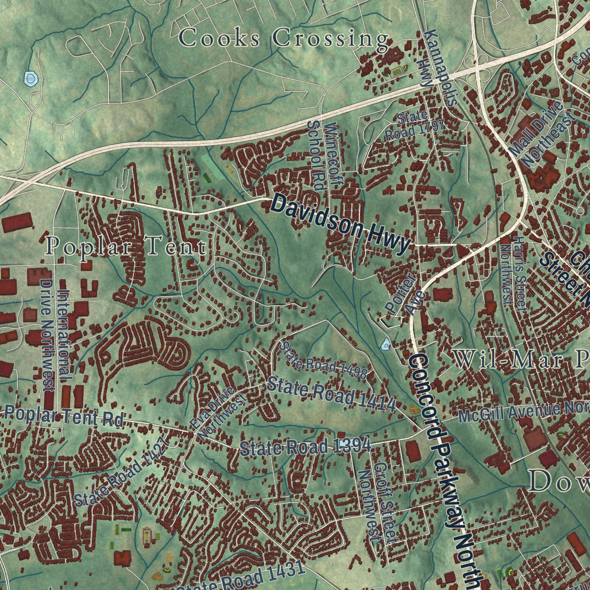 Close-up of the map of Concord, North Carolina print showing street and building detail