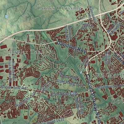 Close-up of the map of Concord, North Carolina print showing street and building detail