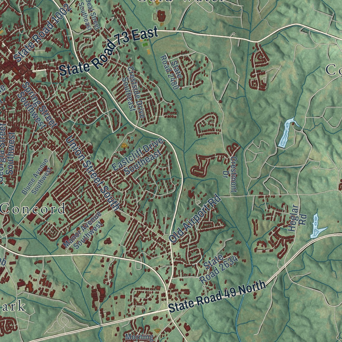 Second close-up of the map of Concord, North Carolina print showing more streets and buildings