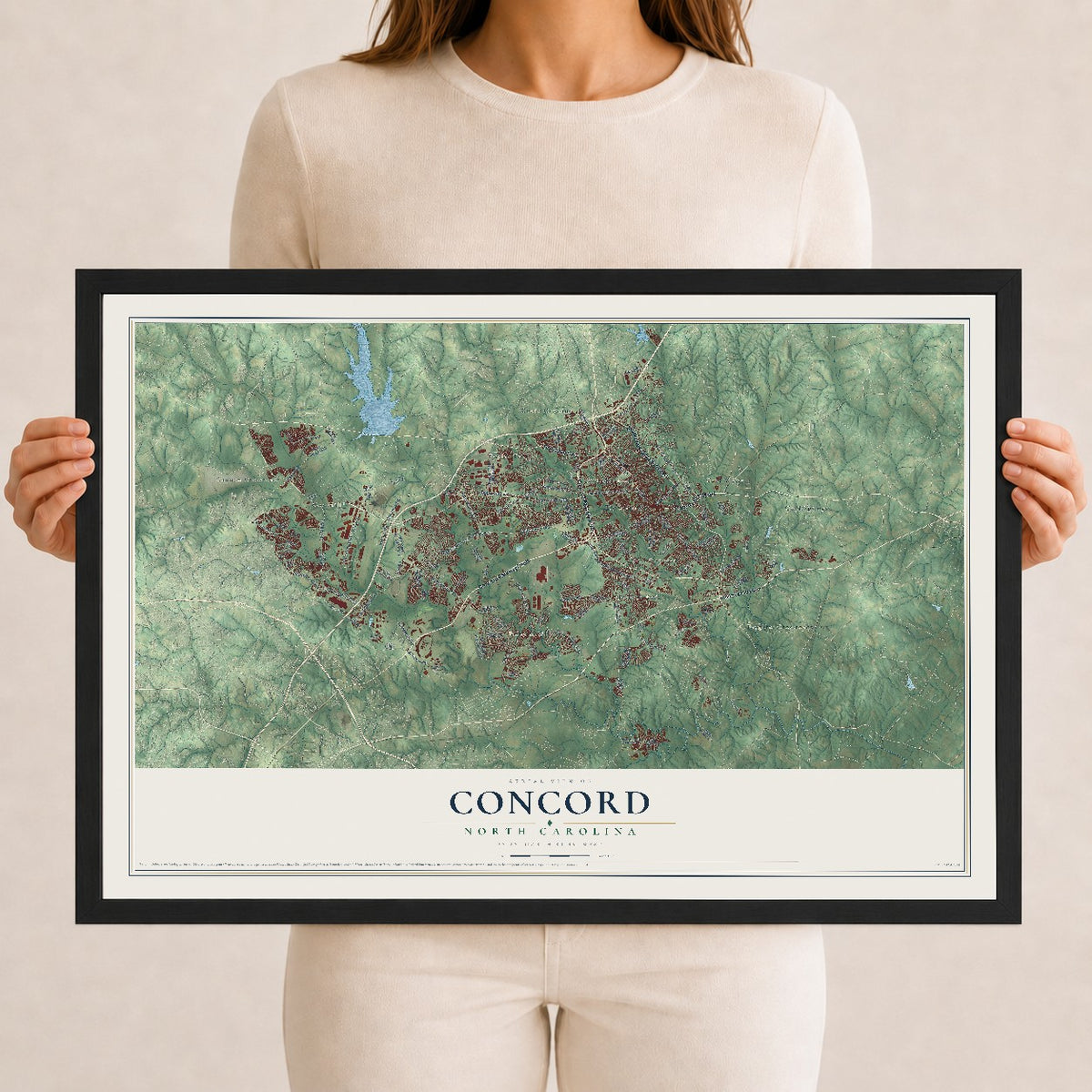 Map of Concord, North Carolina, 12 x 18 inch print in a black wood frame