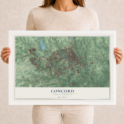 Map of Concord, North Carolina, 12 x 18 inch print in a white wood frame