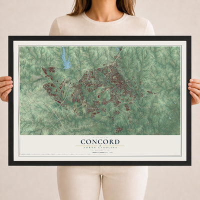 Map of Concord, North Carolina, 18 x 24 inch print in a black wood frame