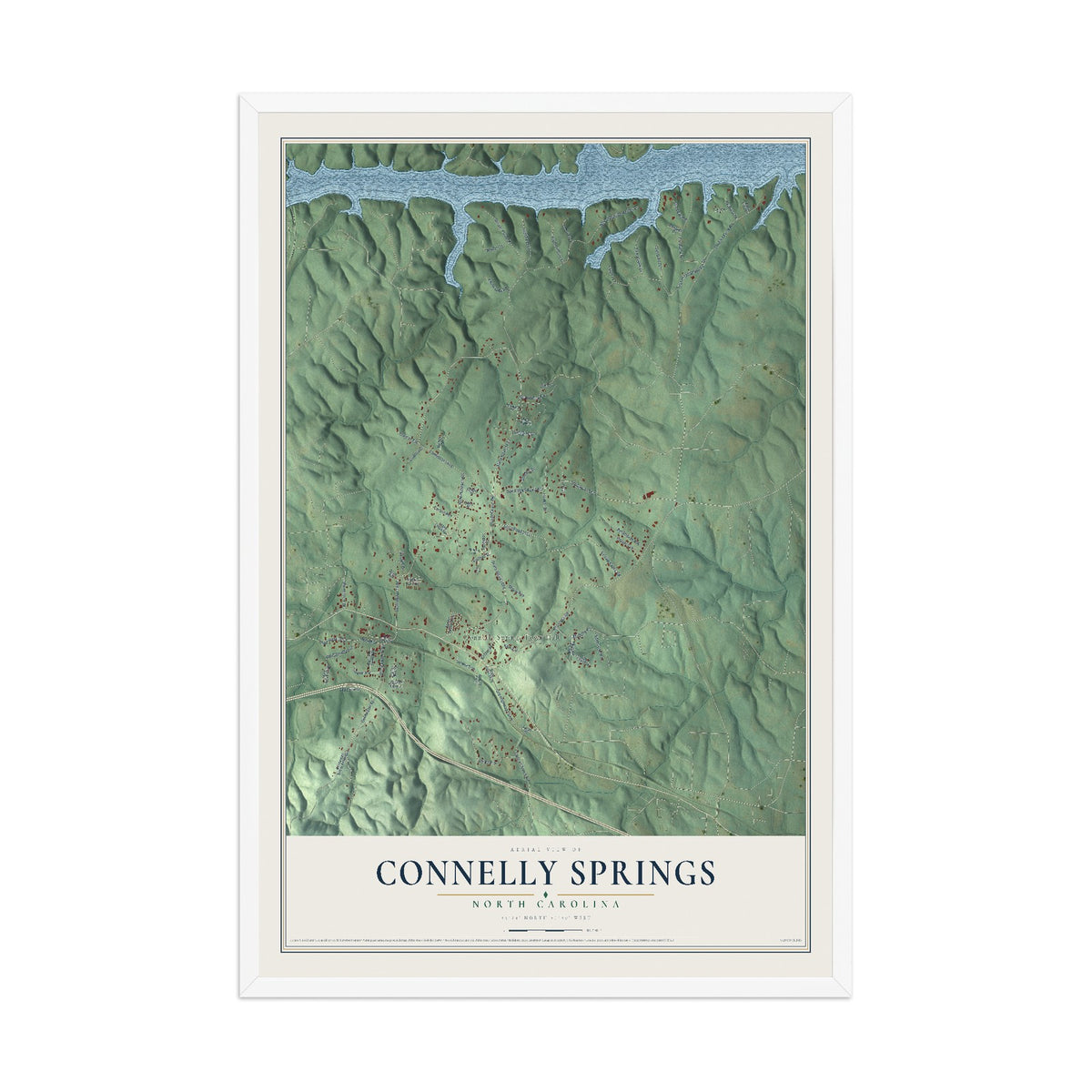 Map of Connelly Springs, North Carolina, 12 x 18 inch print in a white wood frame