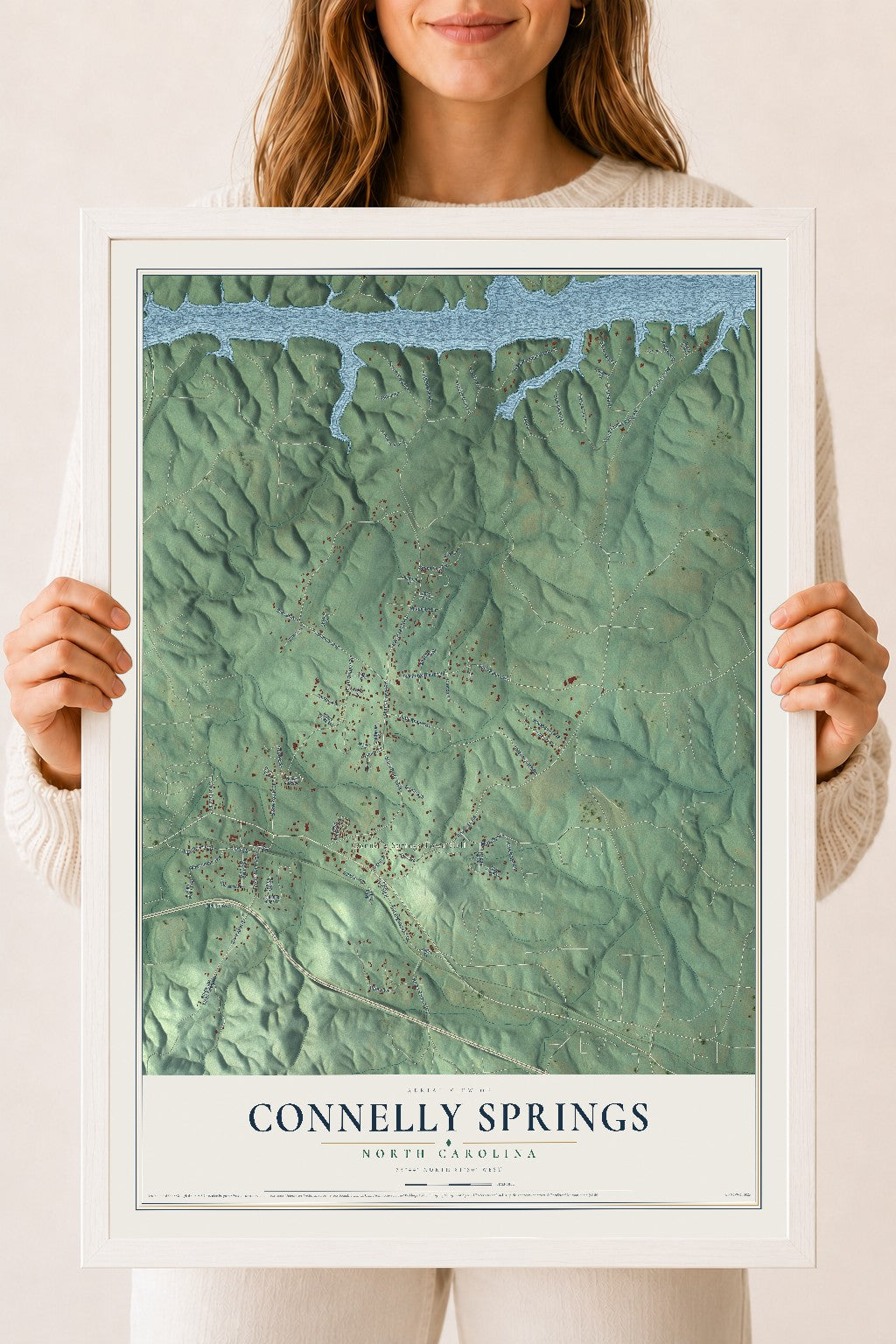 Map of Connelly Springs, North Carolina, 18 x 24 inch print in a white wood frame