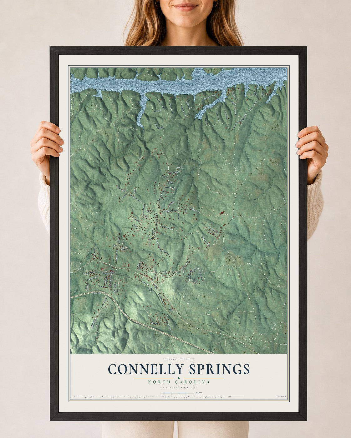 Map of Connelly Springs, North Carolina, 24 x 36 inch print in a black wood frame
