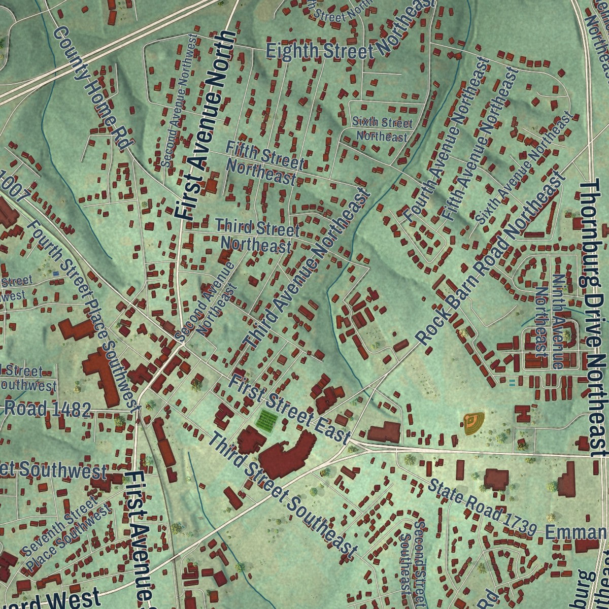 Close-up of the map of Conover, North Carolina print showing street and building detail