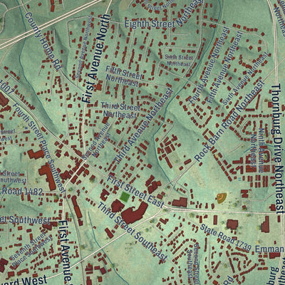 Close-up of the map of Conover, North Carolina print showing street and building detail