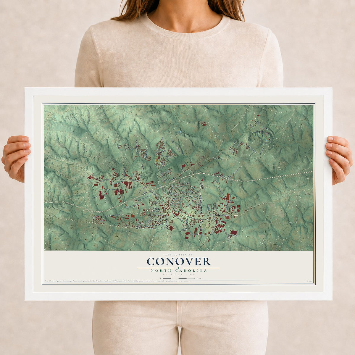 Map of Conover, North Carolina, 12 x 18 inch print in a white wood frame