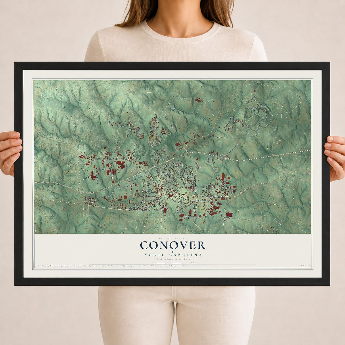 Map of Conover, North Carolina, 18 x 24 inch print in a black wood frame