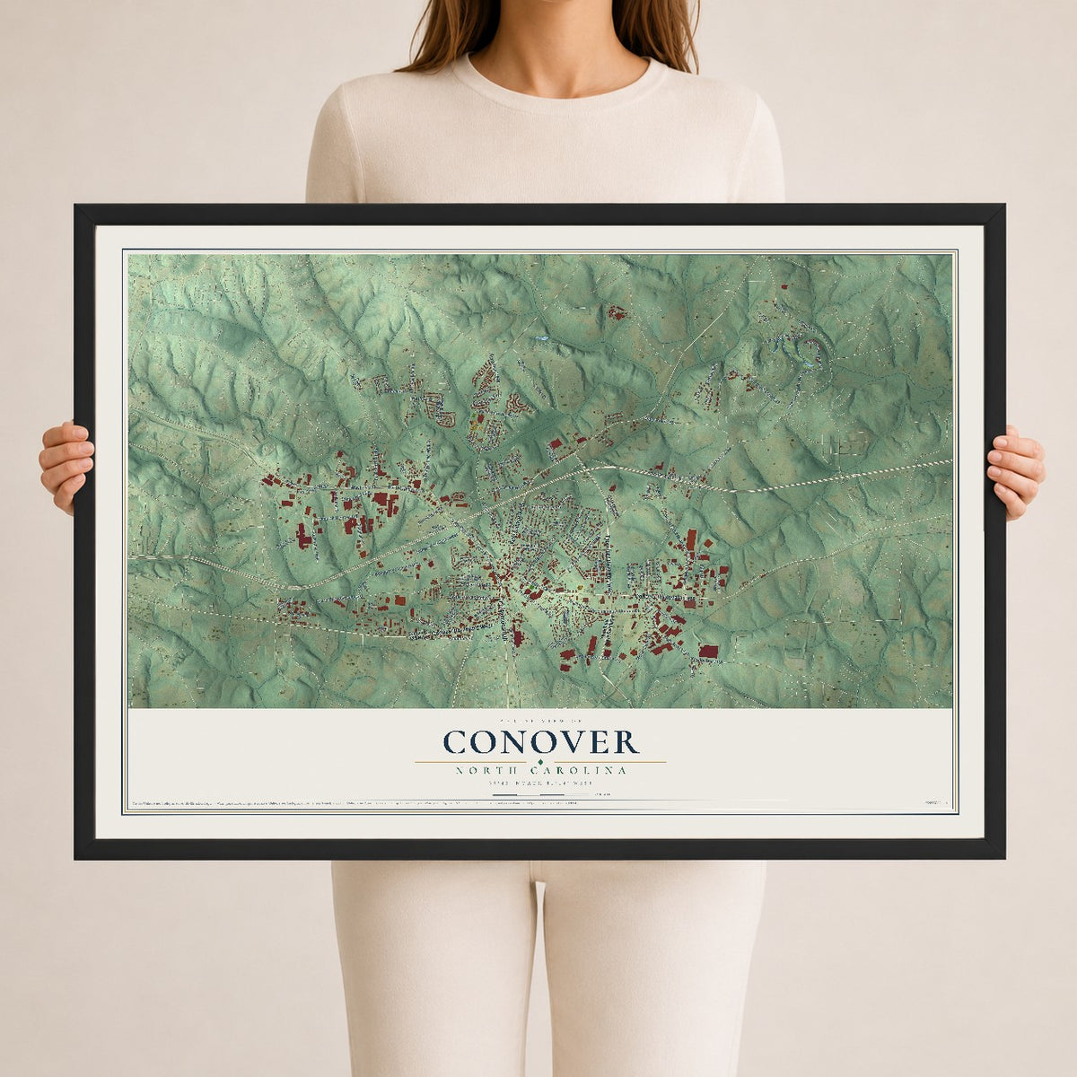 Map of Conover, North Carolina, 24 x 36 inch print in a black wood frame