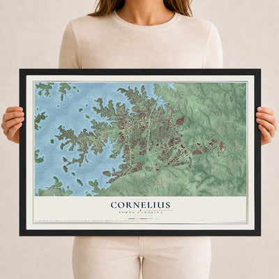 Map of Cornelius, North Carolina, 12 x 18 inch print in a black wood frame