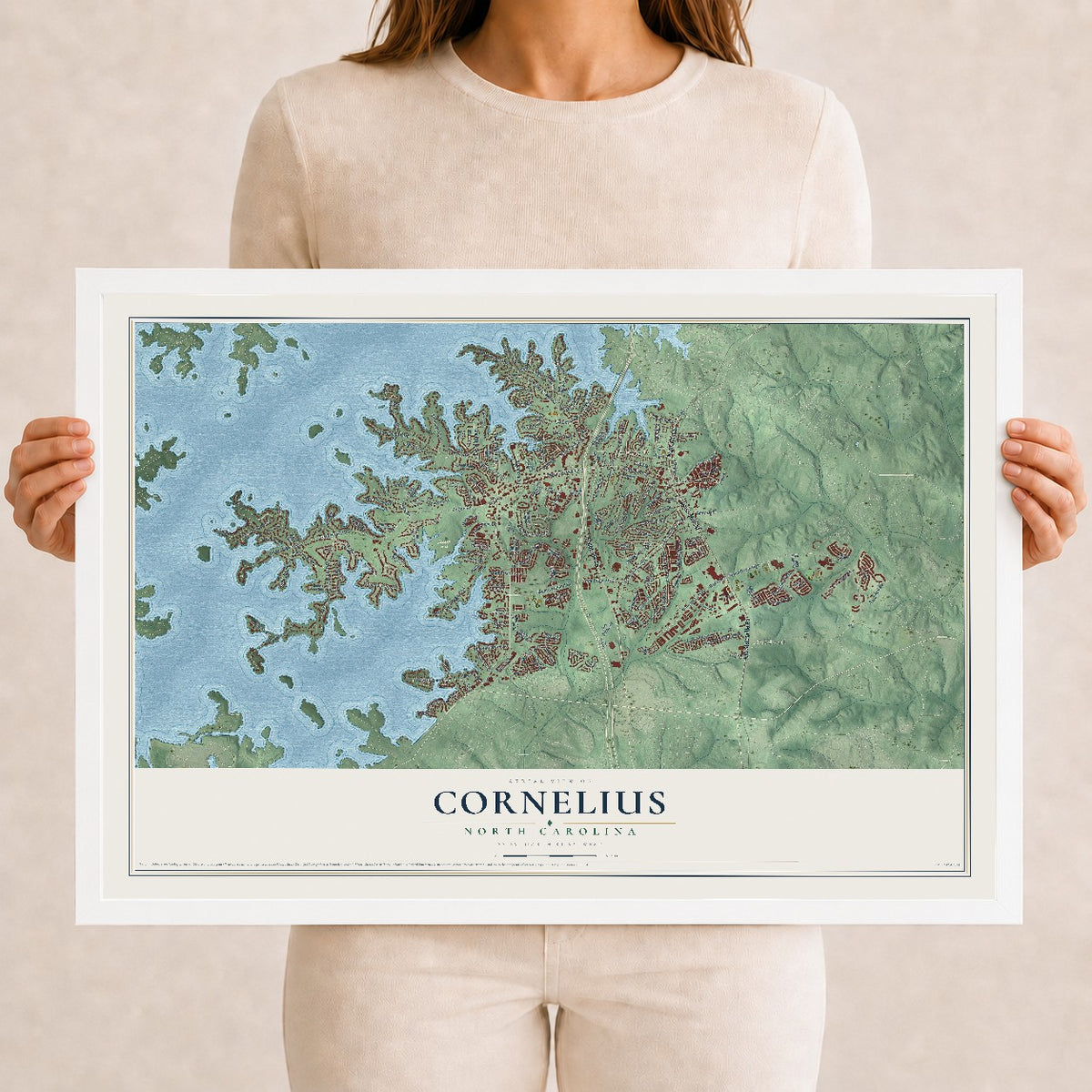 Map of Cornelius, North Carolina, 12 x 18 inch print in a white wood frame