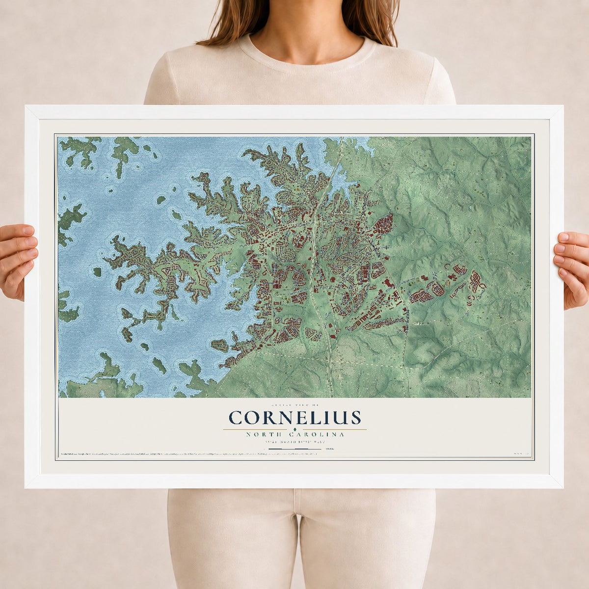 Map of Cornelius, North Carolina, 18 x 24 inch print in a white wood frame