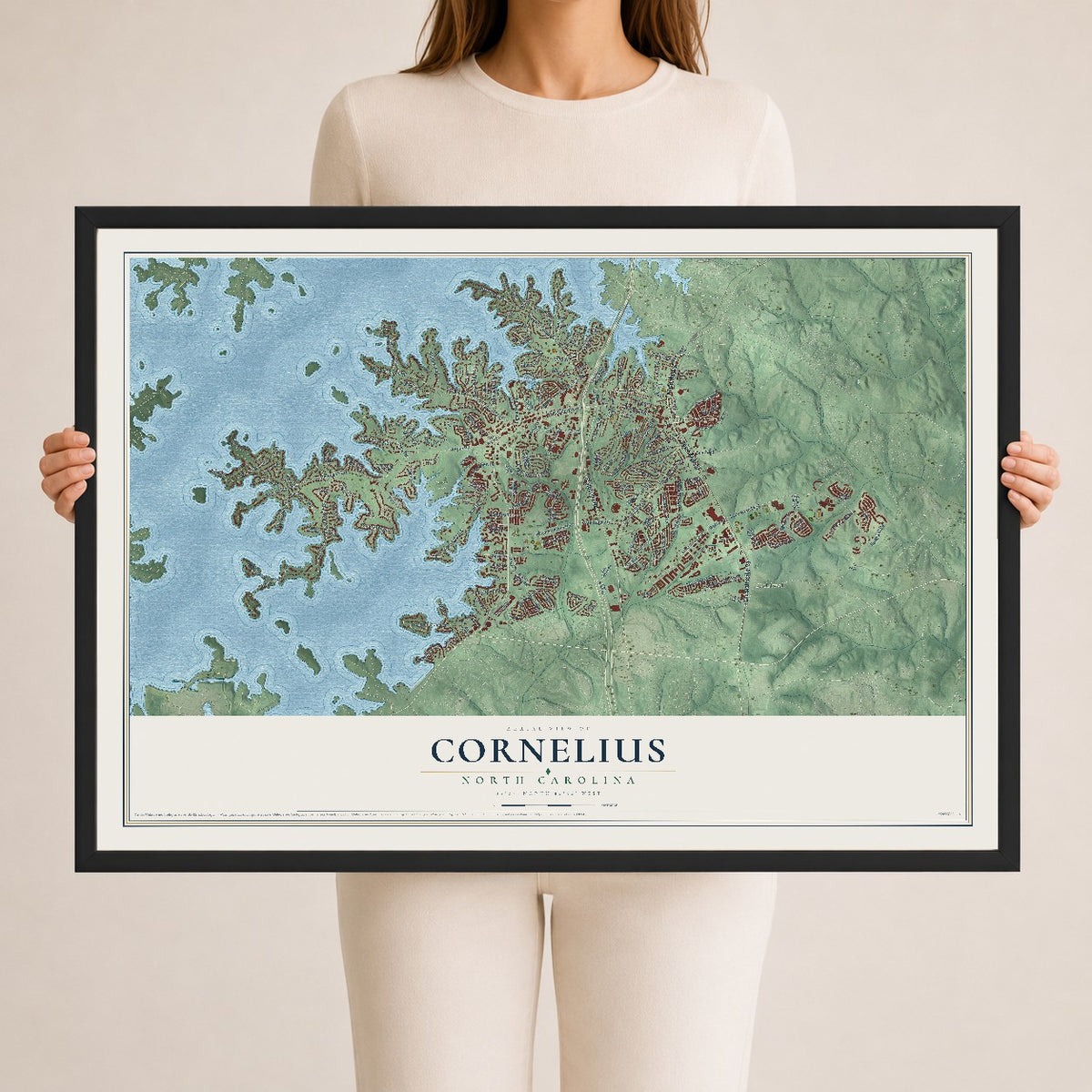 Map of Cornelius, North Carolina, 24 x 36 inch print in a black wood frame