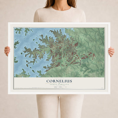 Map of Cornelius, North Carolina, 24 x 36 inch print in a white wood frame