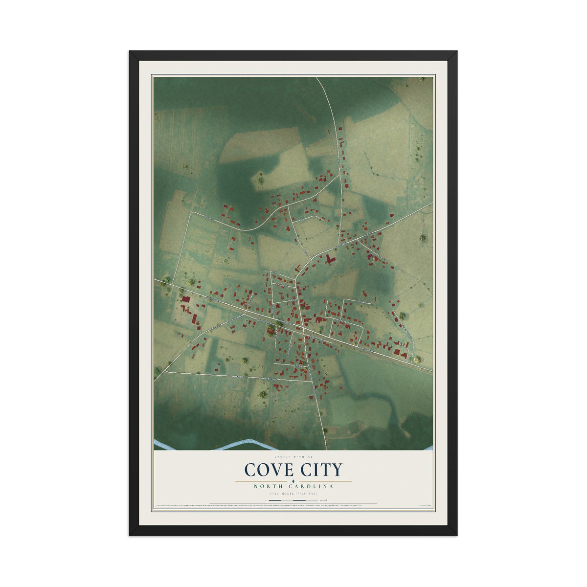 Map of Cove City, North Carolina, 12 x 18 inch print in a black wood frame