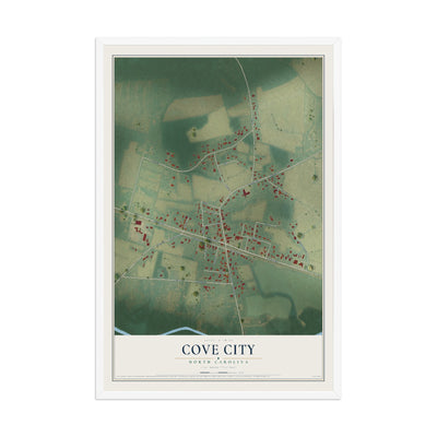 Map of Cove City, North Carolina, 12 x 18 inch print in a white wood frame