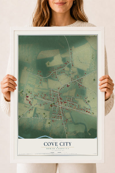 Map of Cove City, North Carolina, 18 x 24 inch print in a white wood frame