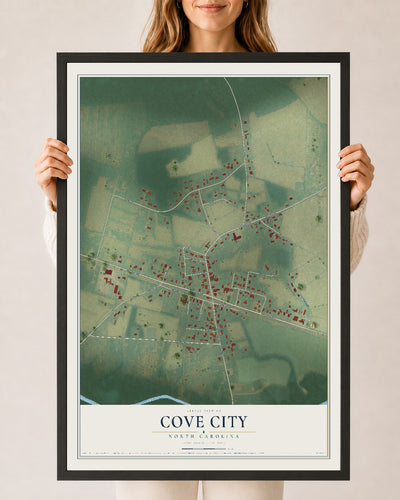 Map of Cove City, North Carolina, 24 x 36 inch print in a black wood frame