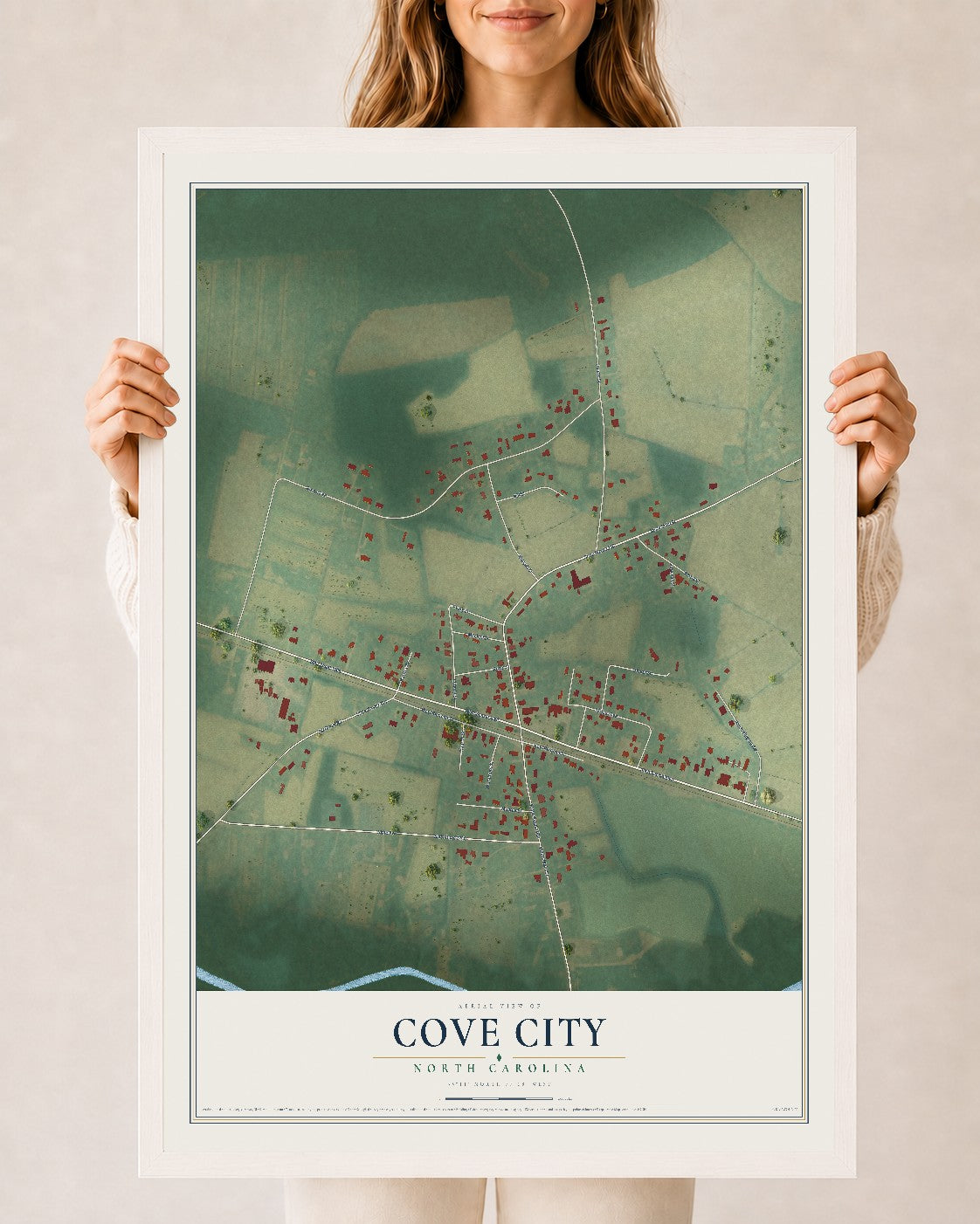 Map of Cove City, North Carolina, 24 x 36 inch print in a white wood frame