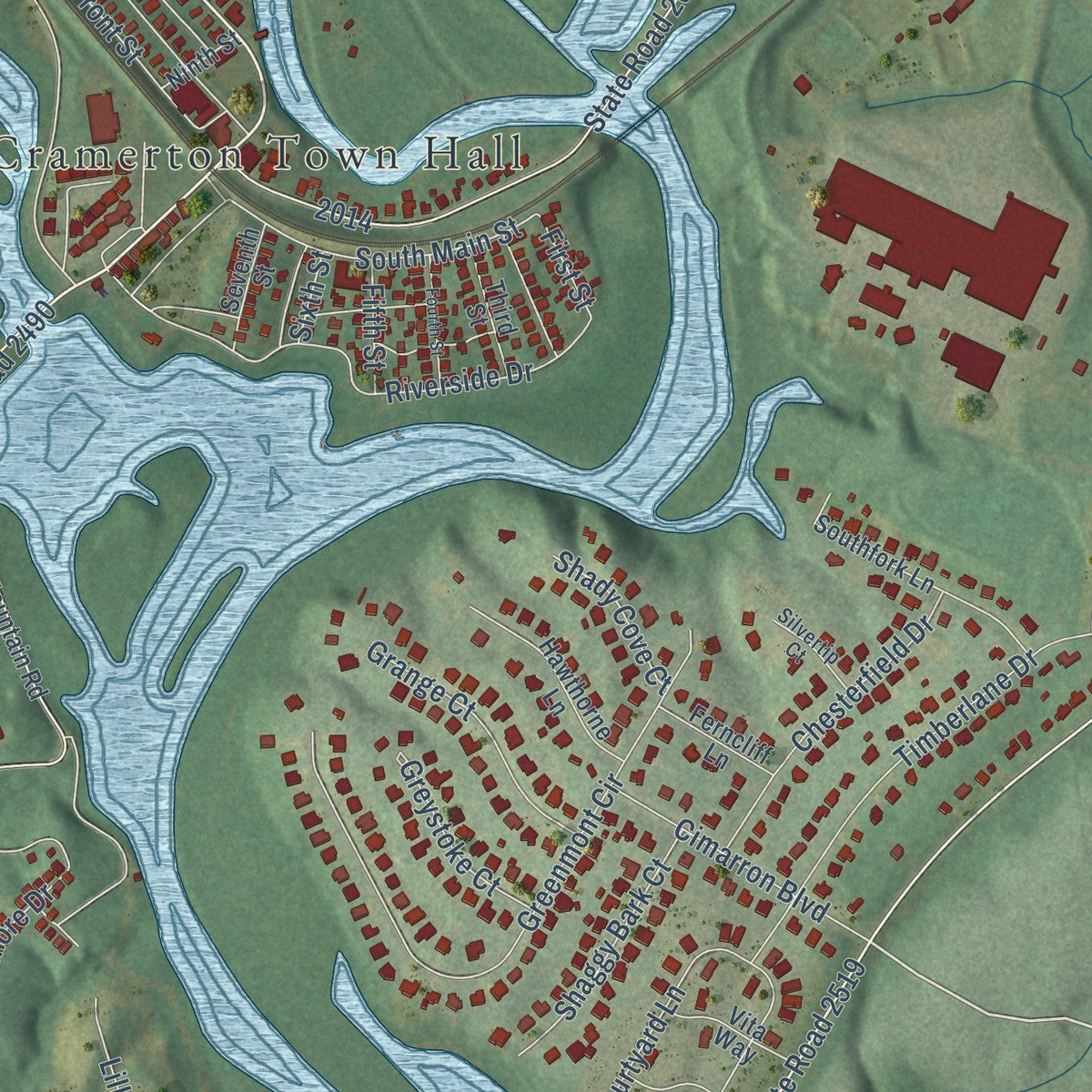 Close-up of the map of Cramerton, North Carolina print showing street and building detail