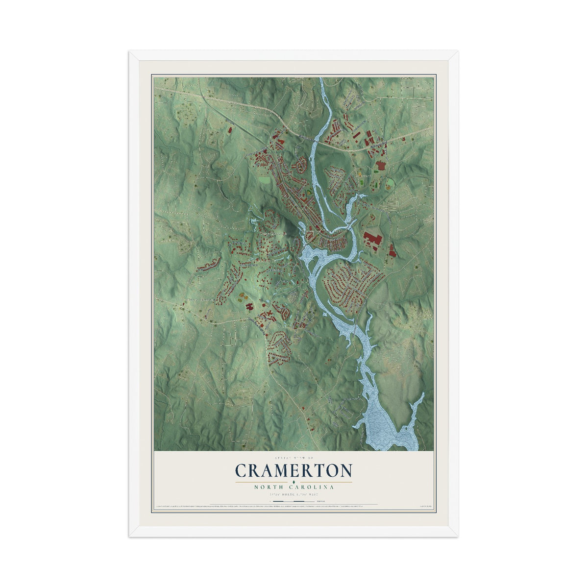 Map of Cramerton, North Carolina, 12 x 18 inch print in a white wood frame