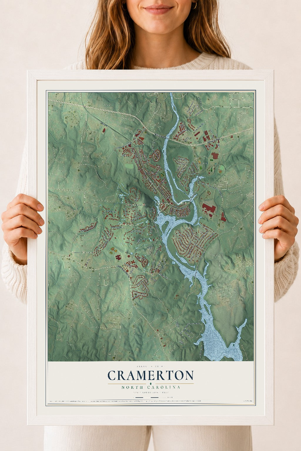 Map of Cramerton, North Carolina, 18 x 24 inch print in a white wood frame