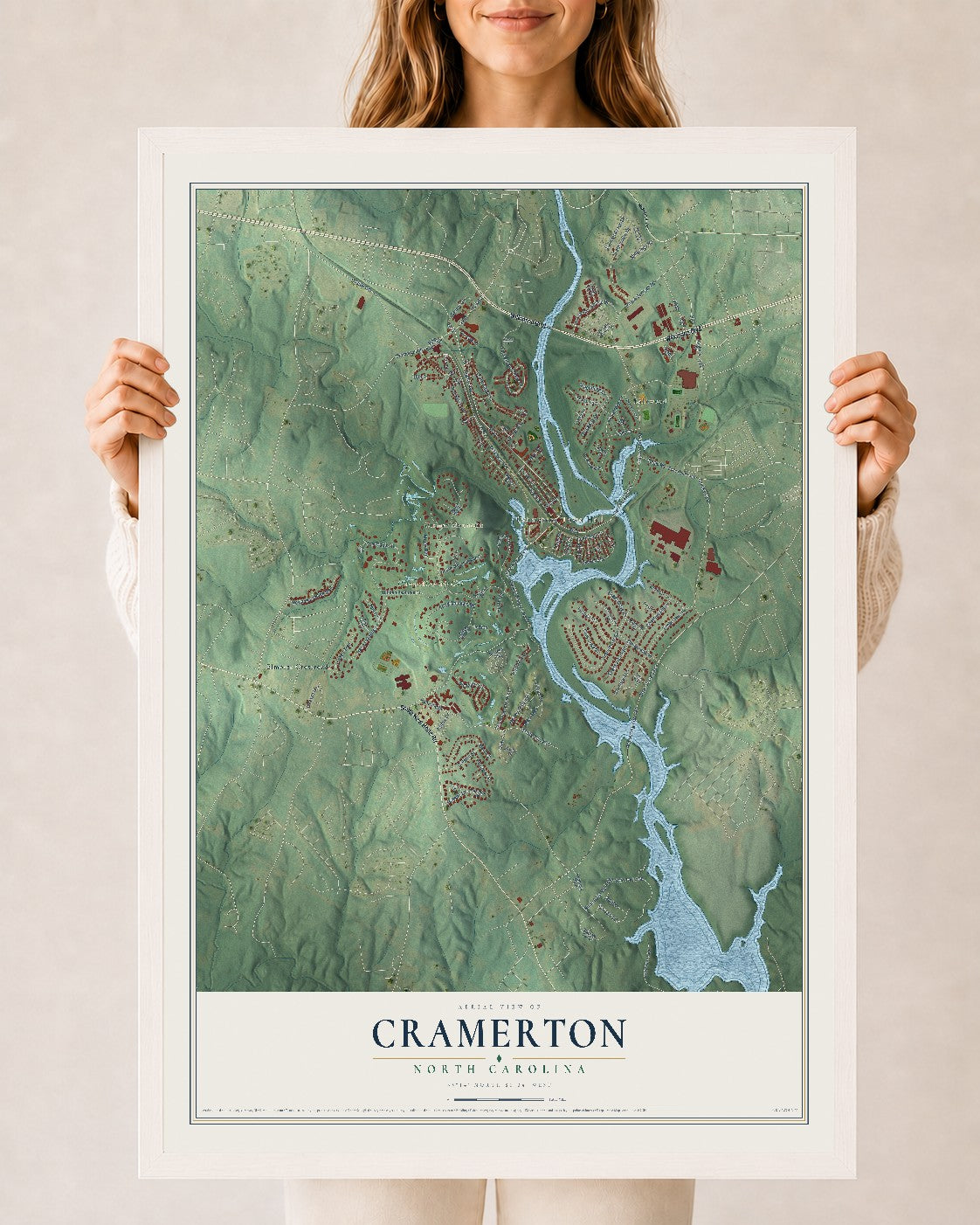 Map of Cramerton, North Carolina, 24 x 36 inch print in a white wood frame