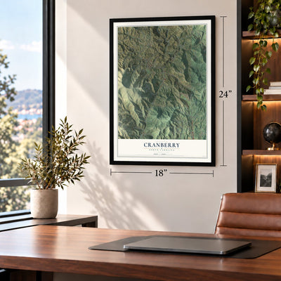 Cranberry, North Carolina map, 18 x 24 inch print in a black frame in a home office