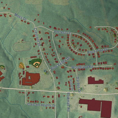 Second close-up of the map of Creedmoor, North Carolina print showing more streets and buildings